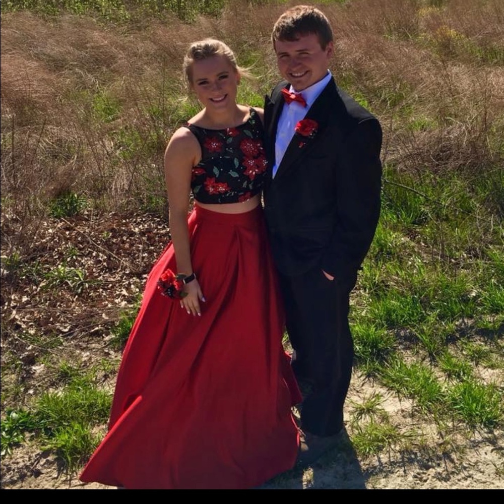 Red and black two piece prom dress